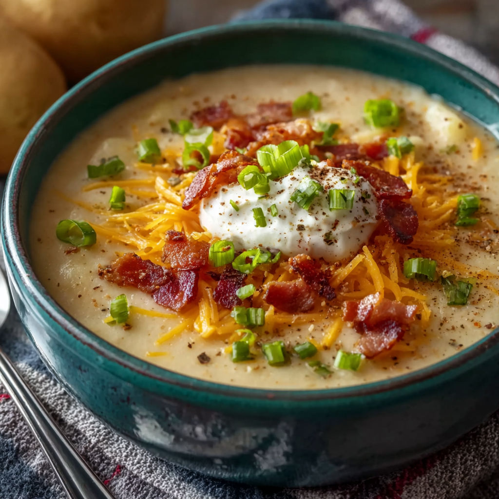 A bowl of soup with bacon and cheese.