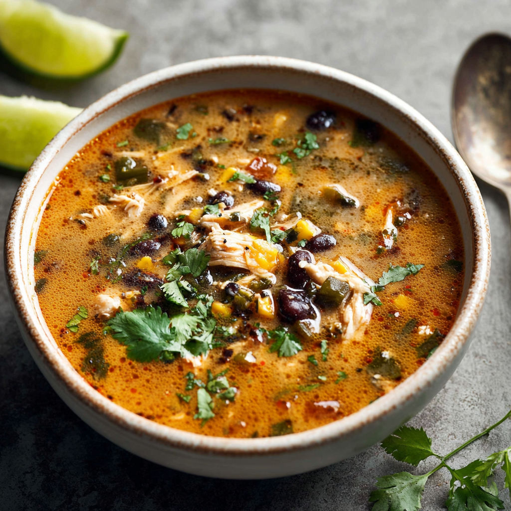 A bowl of soup with a spoon in it.