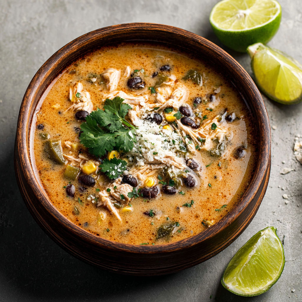 A bowl of soup with a spoon in it.