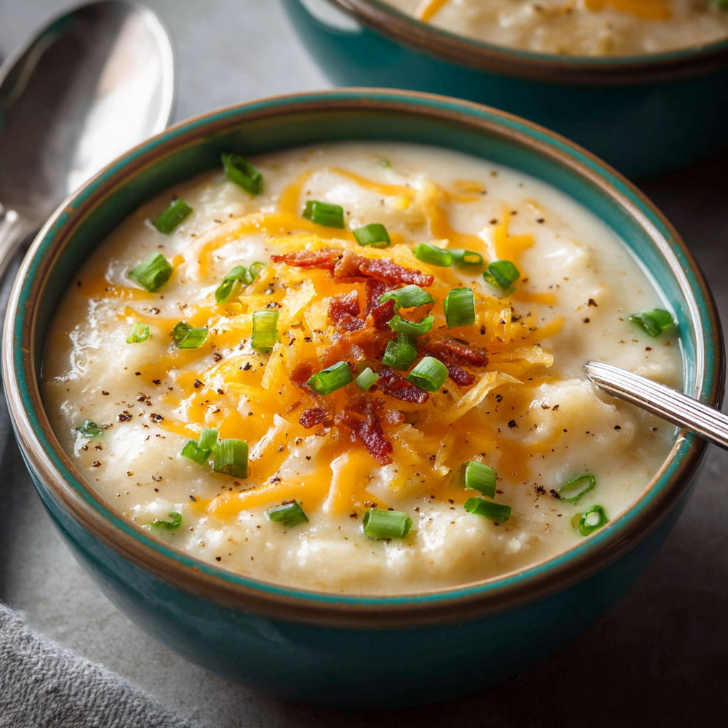 A bowl of soup with cheese and bacon on top.
