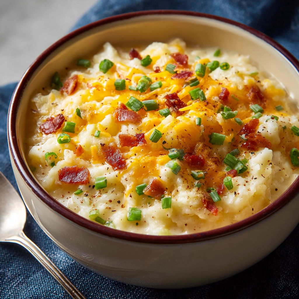 A bowl of potato soup with bacon and cheese.