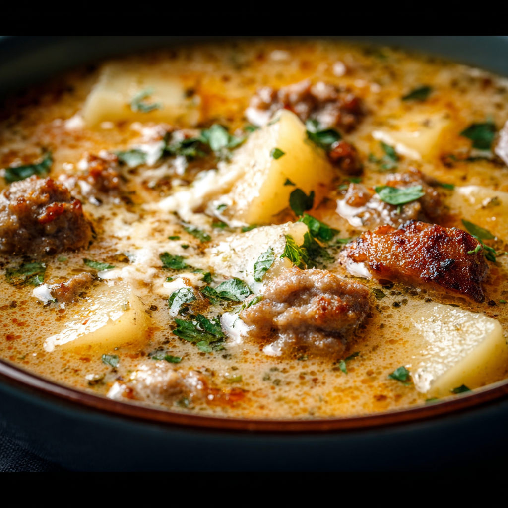 A bowl of soup with meat and potatoes.