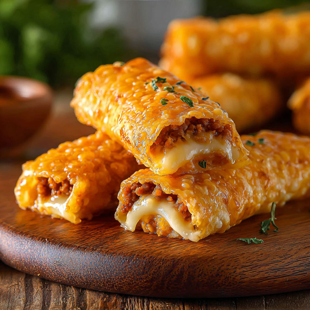 Cheesy taco sticks on a wooden platter.