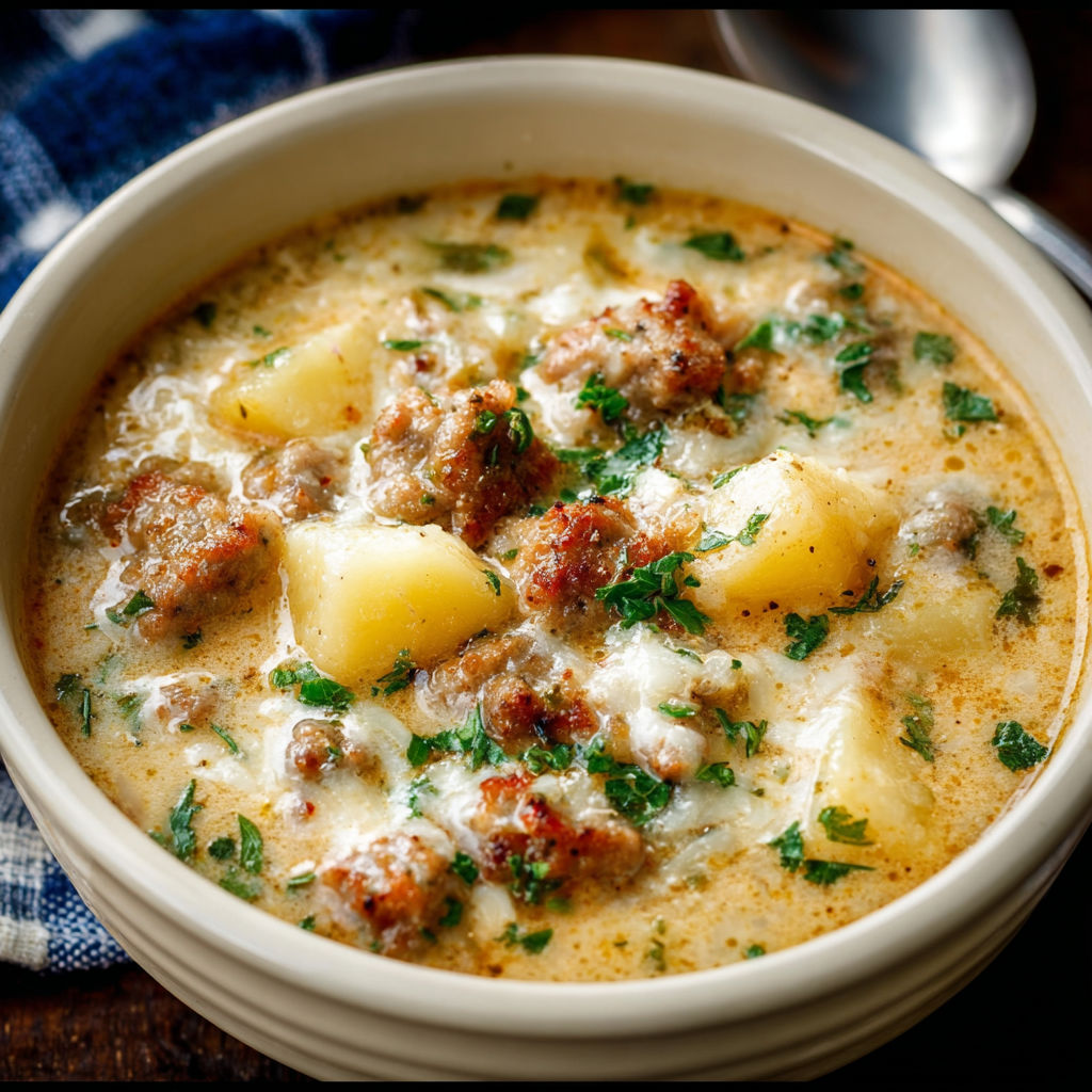 A bowl of soup with meat and potatoes.