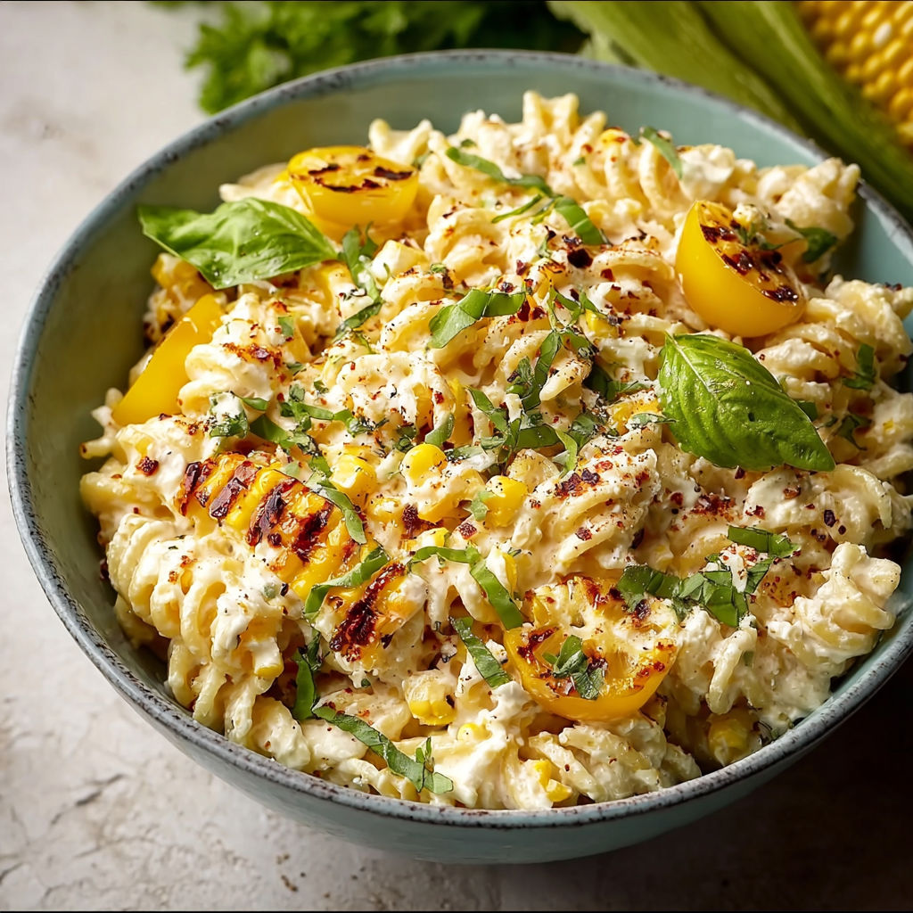 A bowl of creamy street corn pasta salad.
