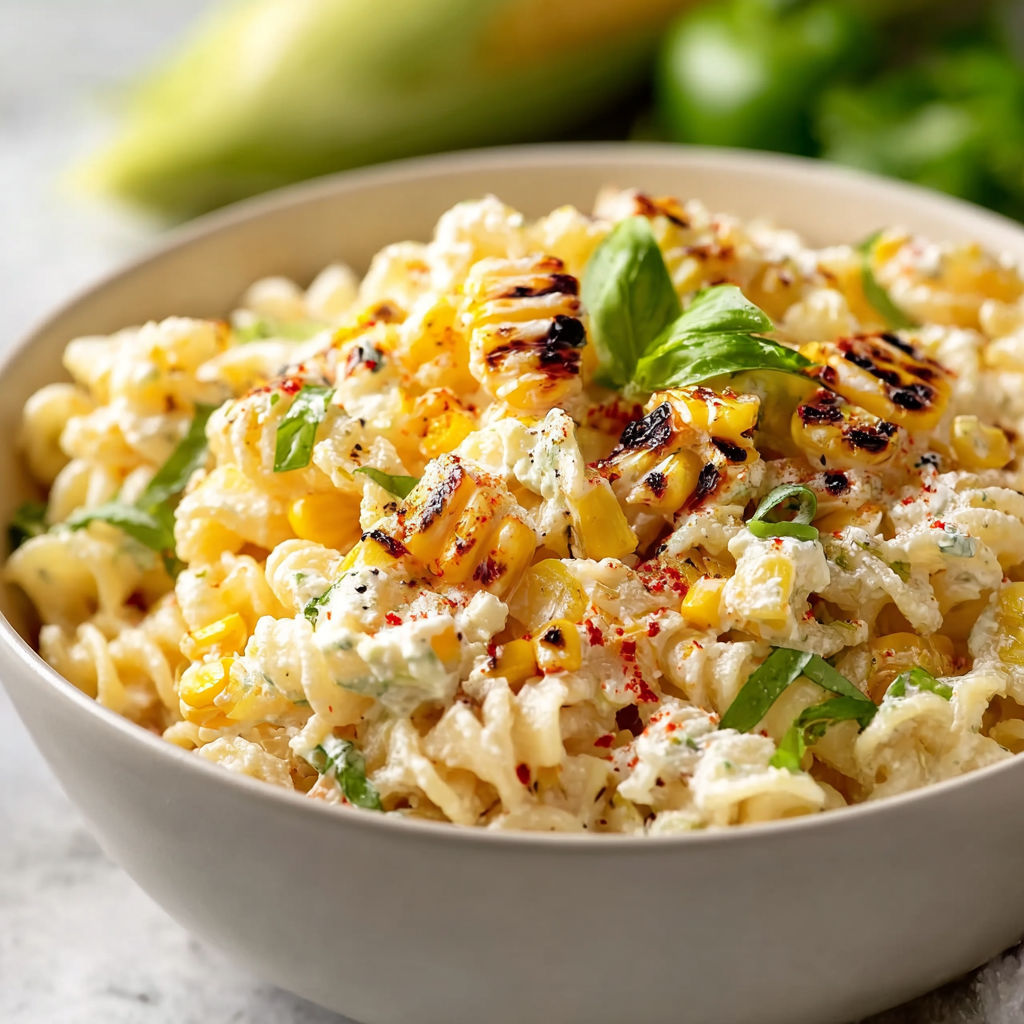 A bowl of creamy street corn pasta salad.