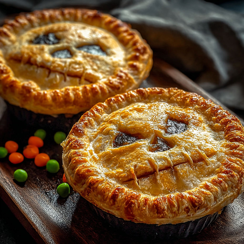 Two pies with a creepy face on them.
