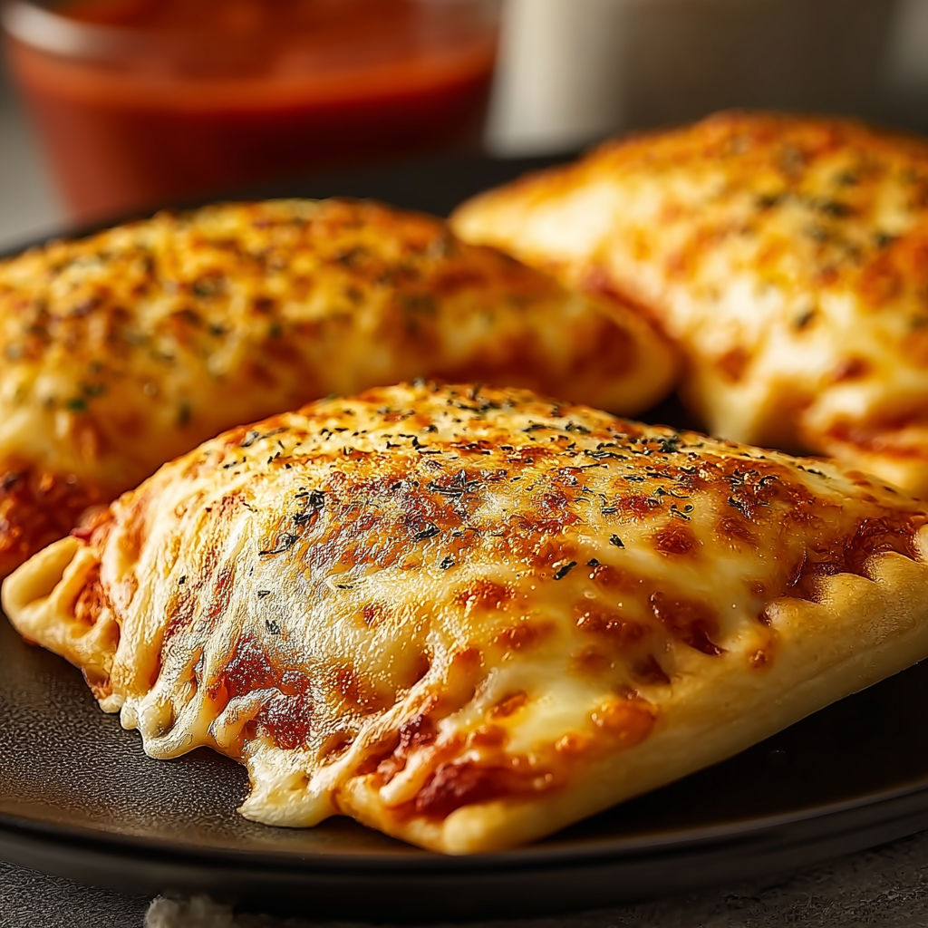 Four cheesy pizza pockets on a plate.
