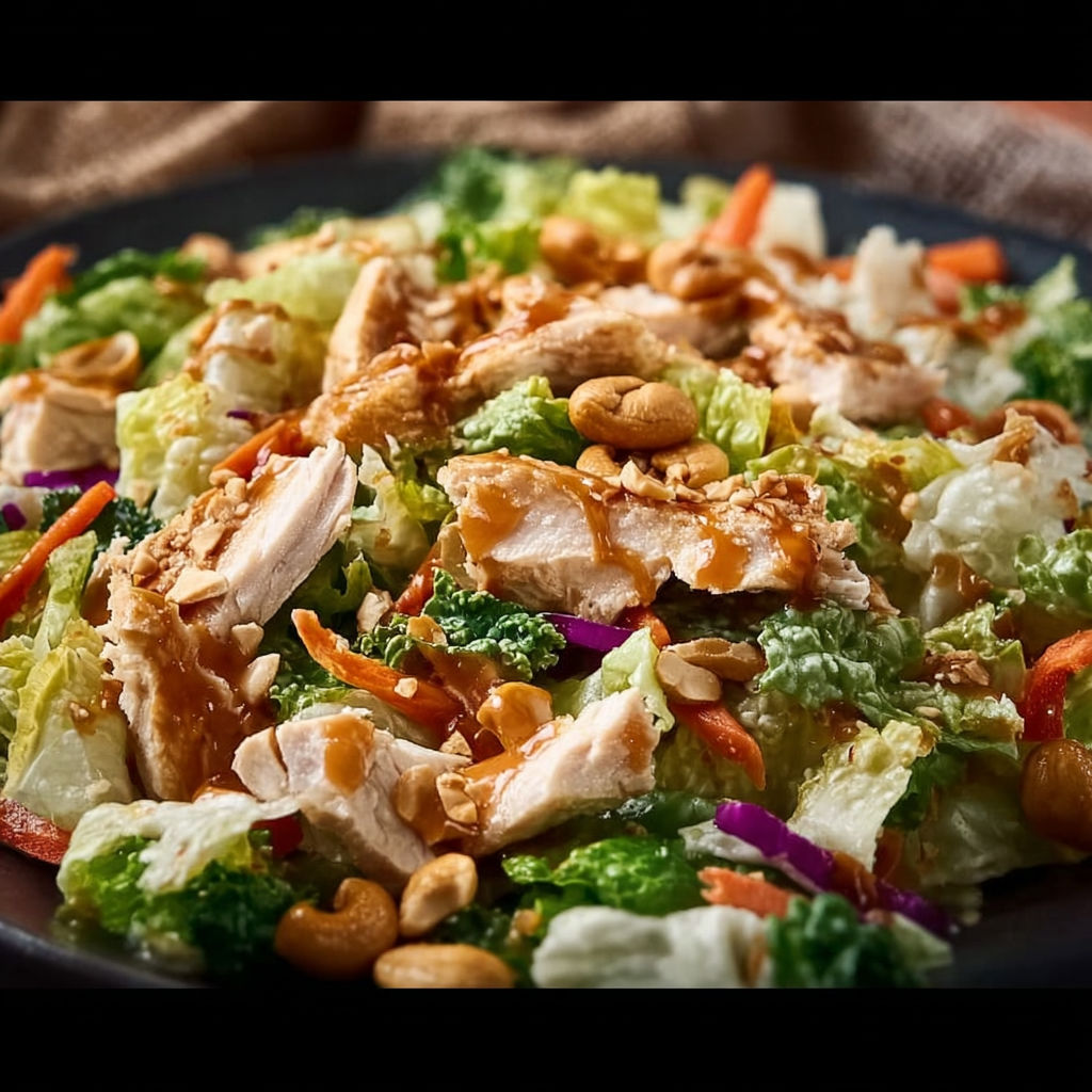 A salad with chicken, cashews, and crunchy greens.