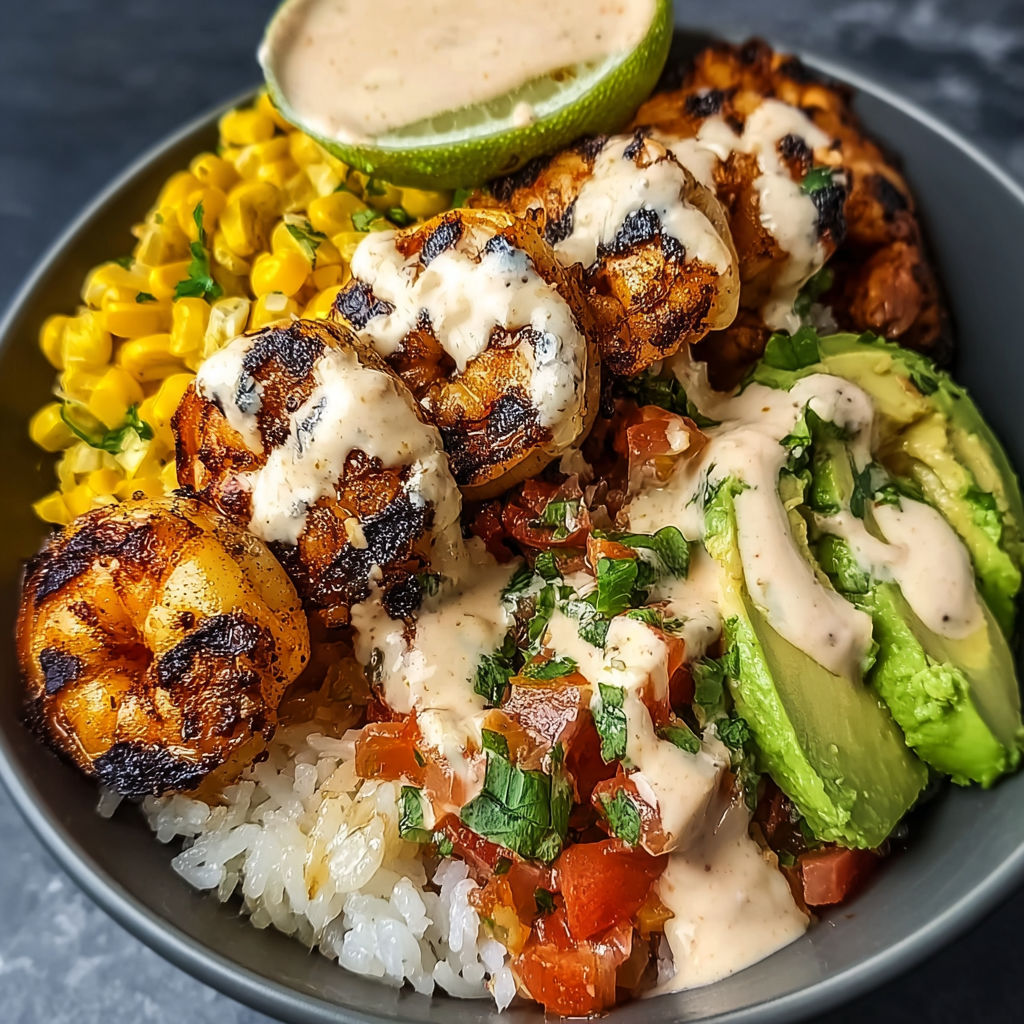 A bowl of food with shrimp, avocado, corn salsa and creamy sauce.