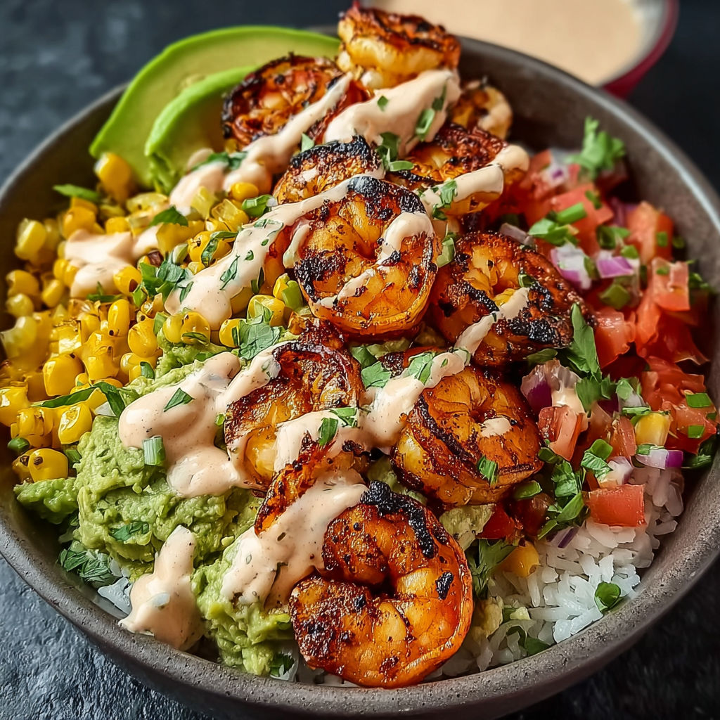 A bowl of food with shrimp, avocado, corn salsa, and creamy sauce.