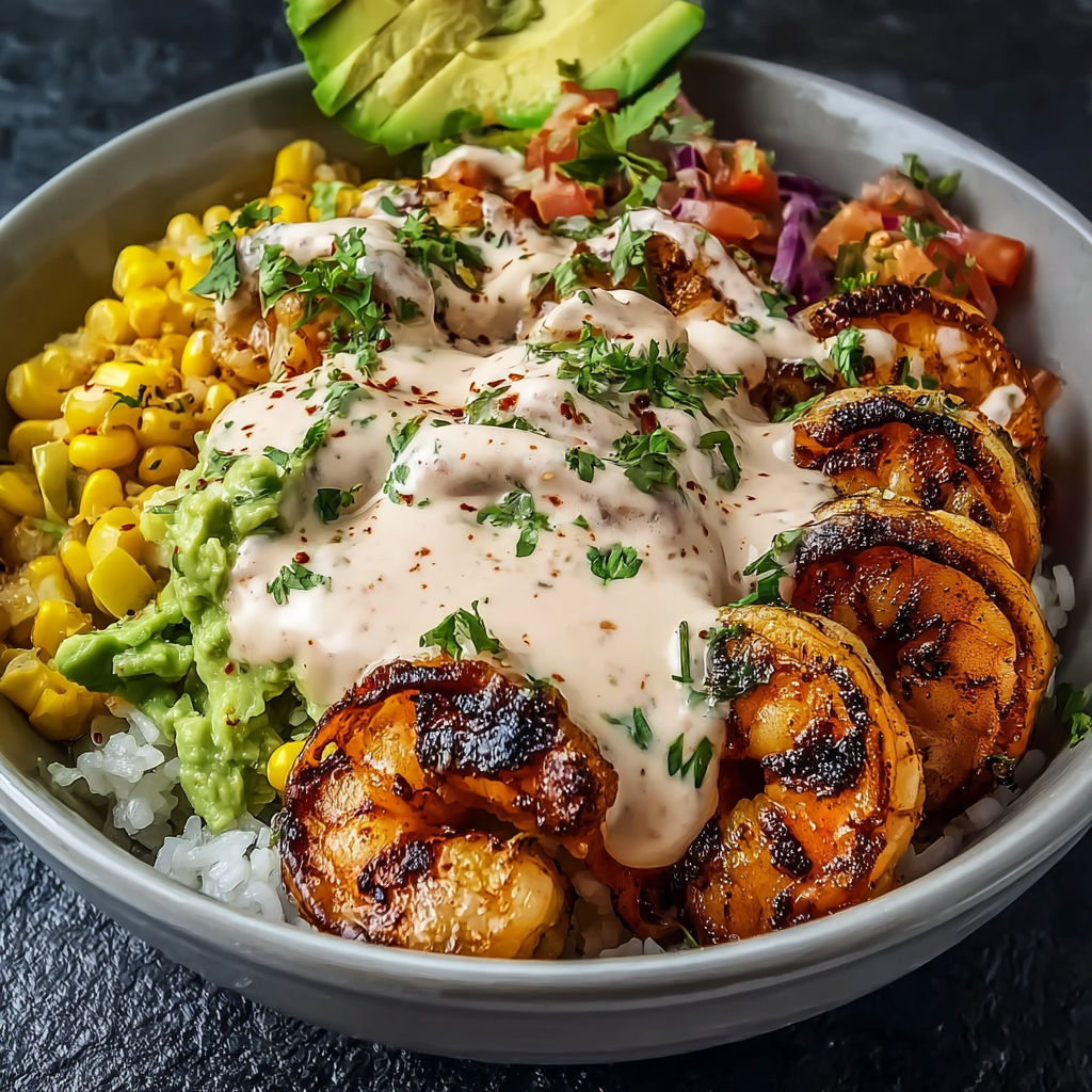 A bowl of food with shrimp, corn salsa, and creamy sauce.