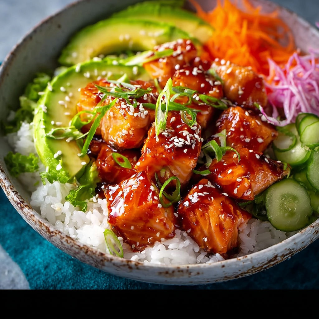A bowl of food with a salmon dish and rice.