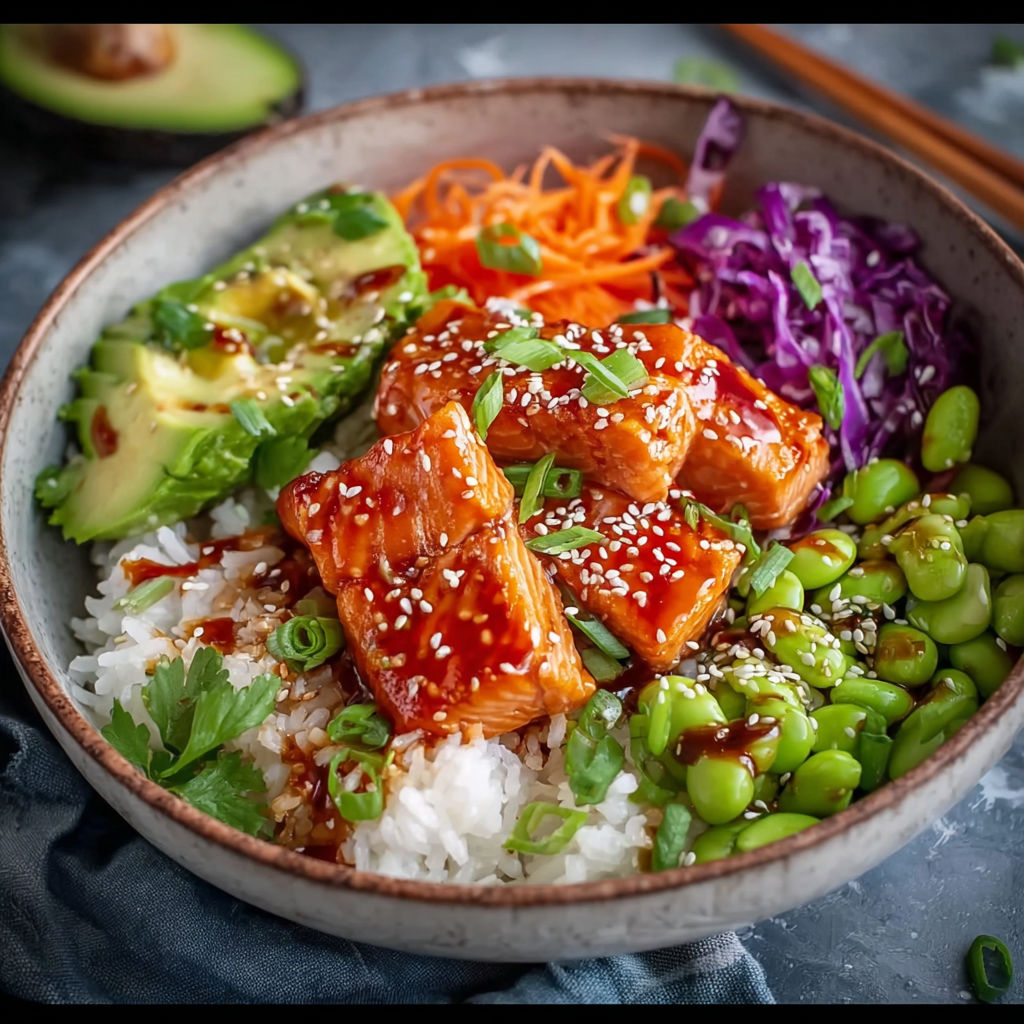 A bowl of food with a variety of ingredients.