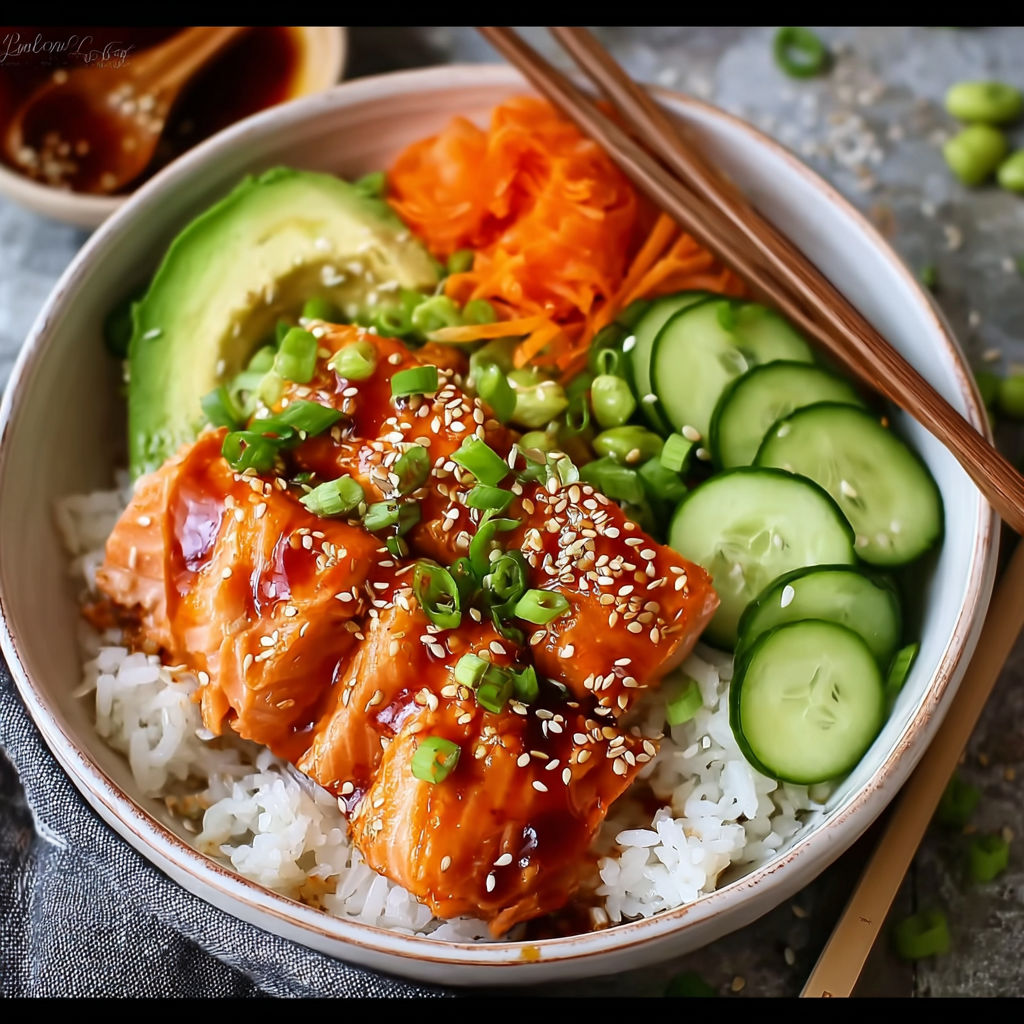 A bowl of food with rice, salmon, and vegetables.