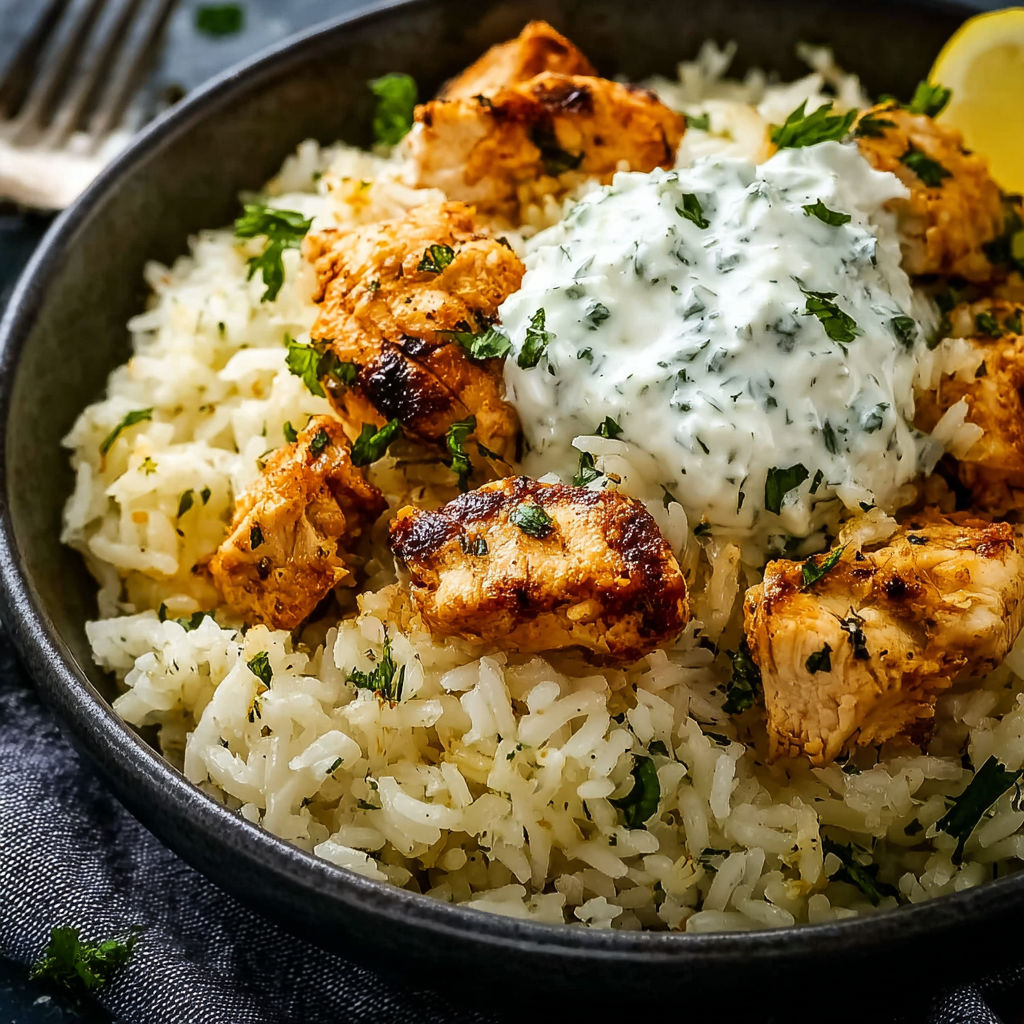 A bowl of rice with chicken and white sauce.