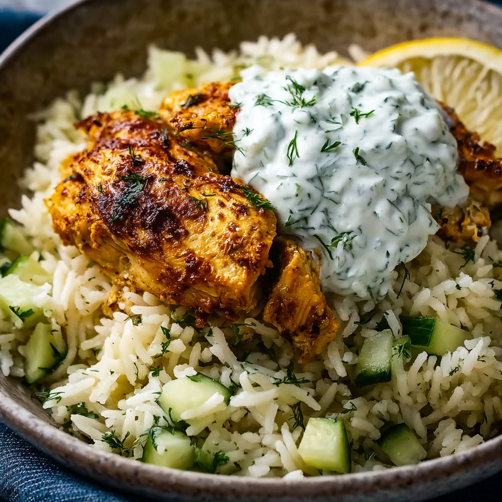 A bowl of rice with chicken and a dollop of sauce.