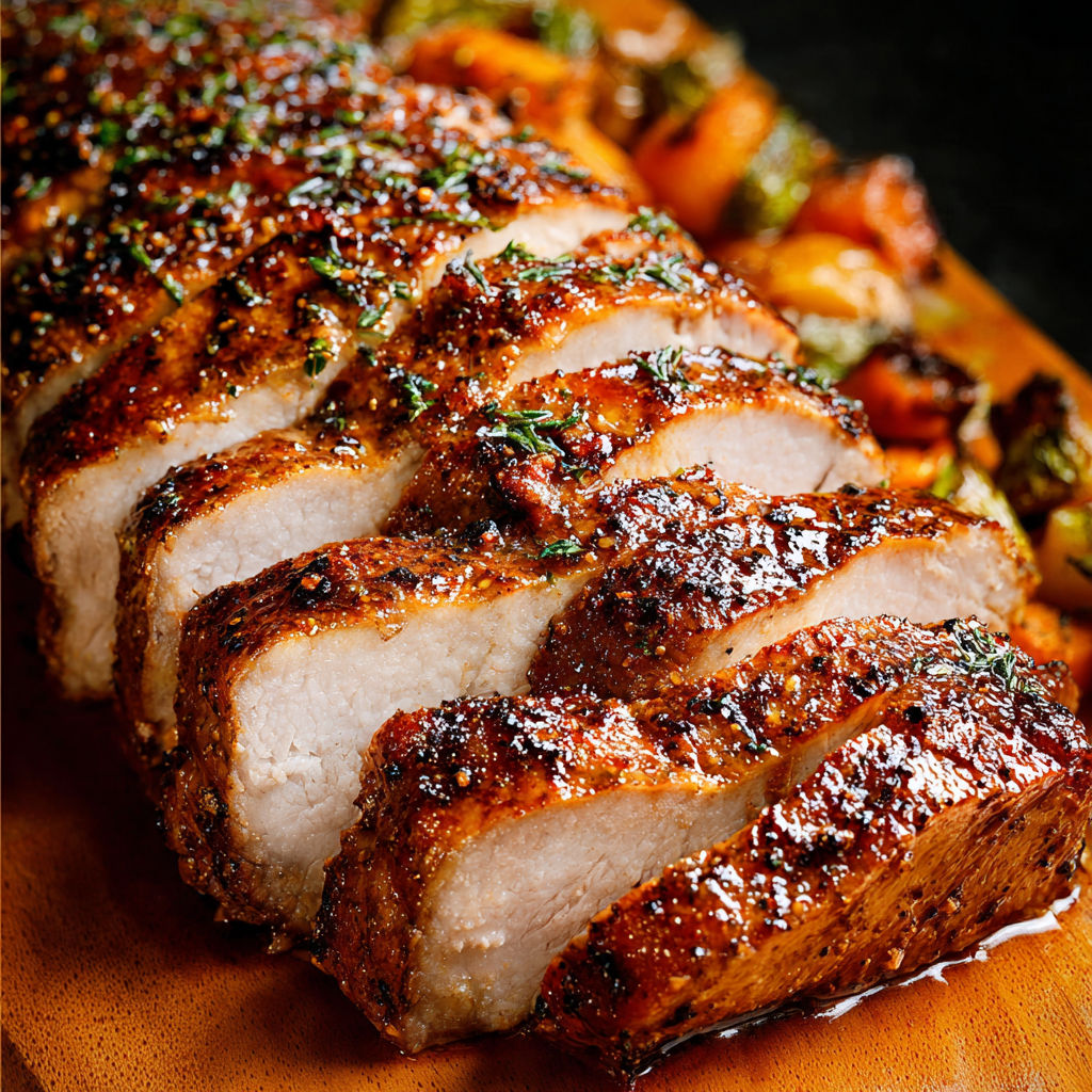 A juicy pork loin roast with seasoning.