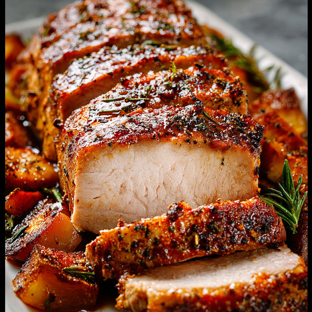A juicy pork loin roast with seasoning