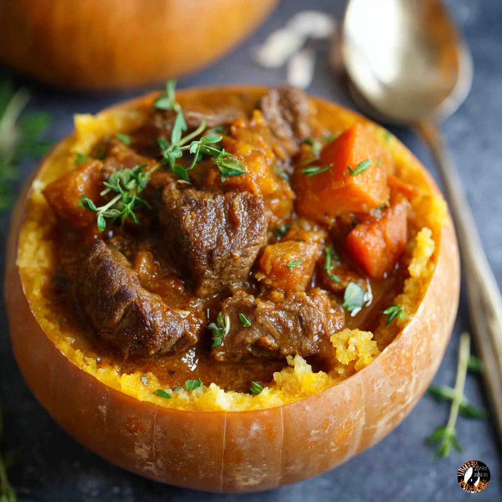 A close up of a slow cooker pumpkin beef stew.
