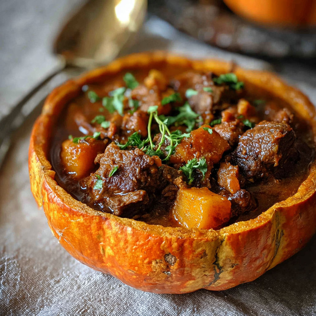 A bowl of slow cooker pumpkin beef stew.