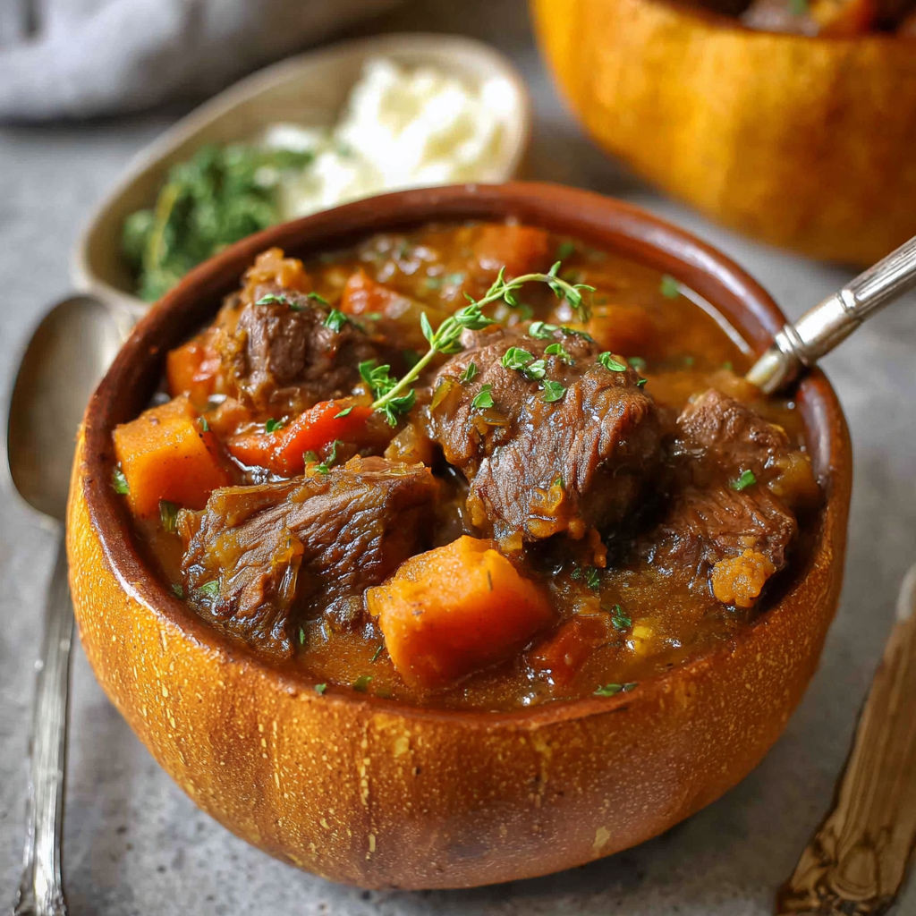 A bowl of slow cooker pumpkin beef stew.
