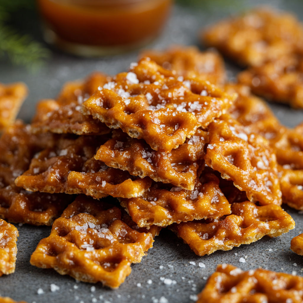 A stack of waffle crackers with a jar of syrup.