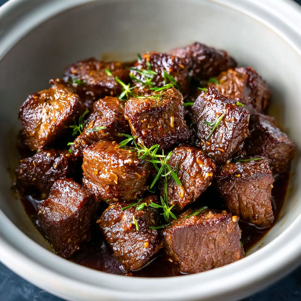 A bowl of meat with green toppings.