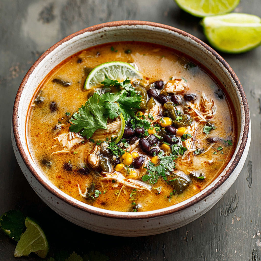 A bowl of soup with lime wedges on the side.