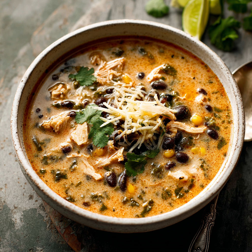 A bowl of soup with chicken, corn, and black beans.