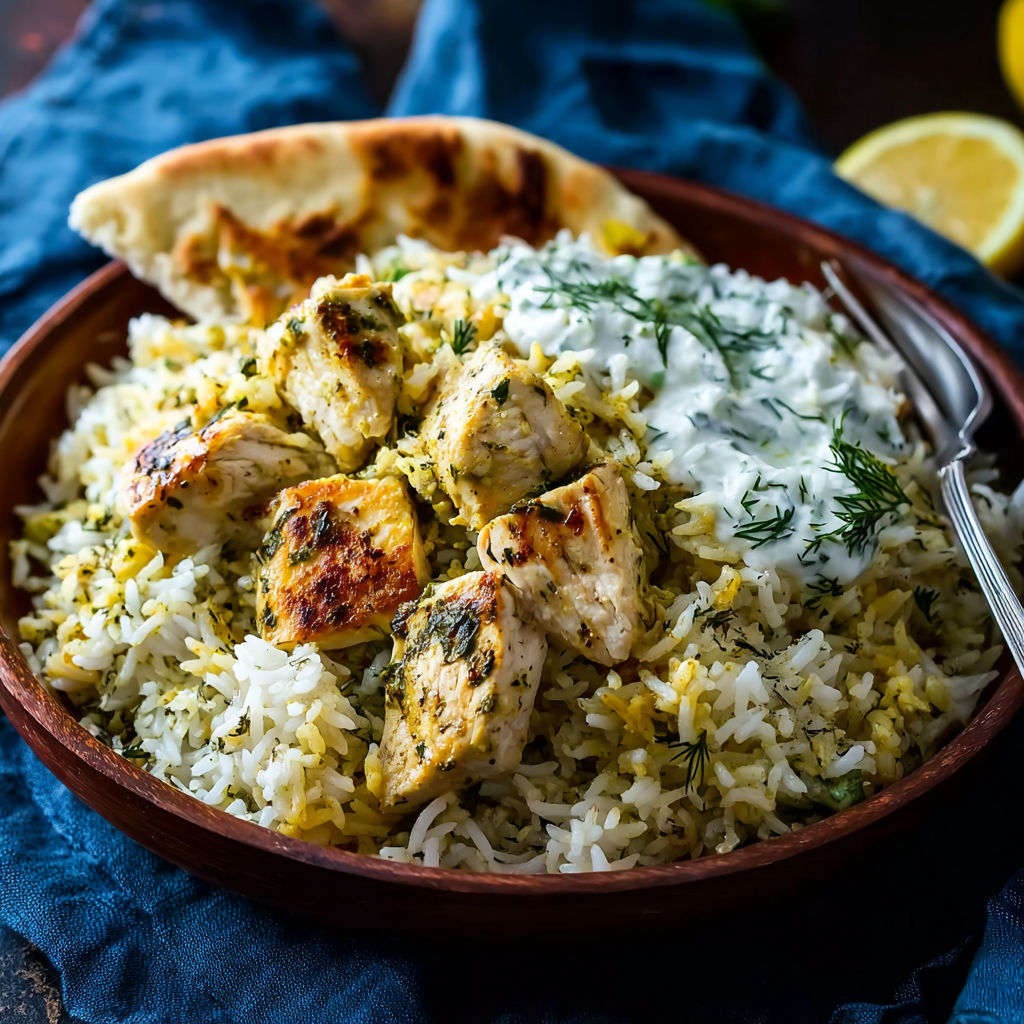 A bowl of rice and meat.