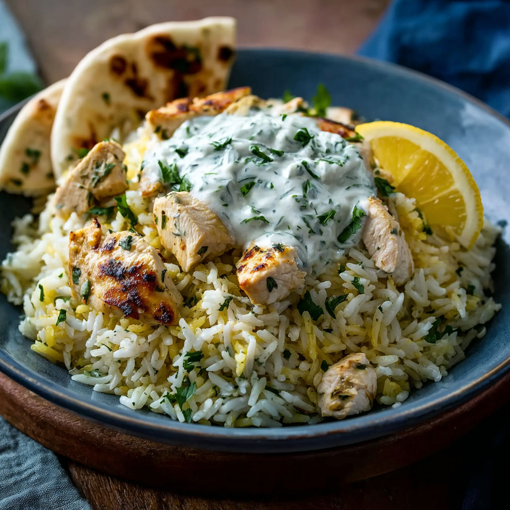 A plate of rice with chicken and sauce.