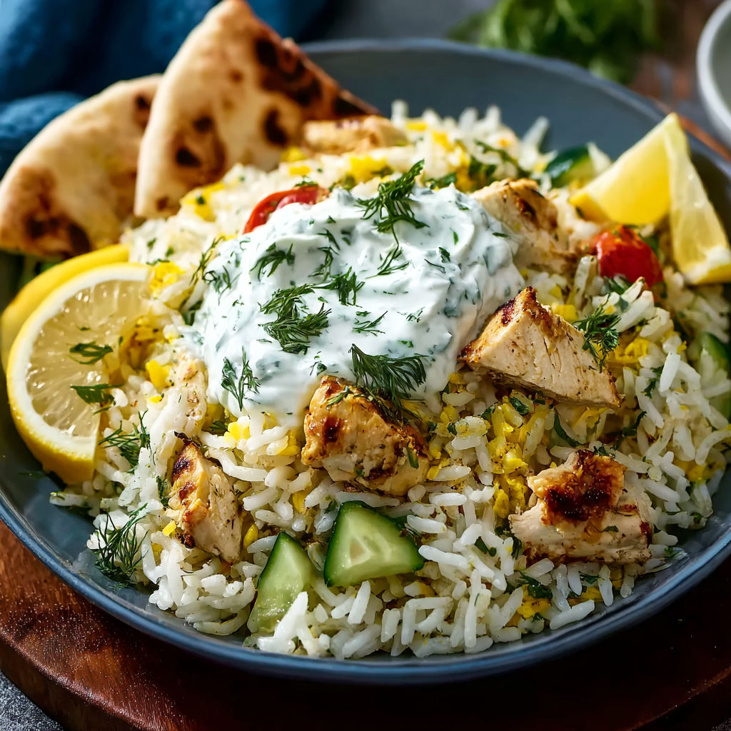 A plate of rice with chicken, tomatoes, and cucumbers.