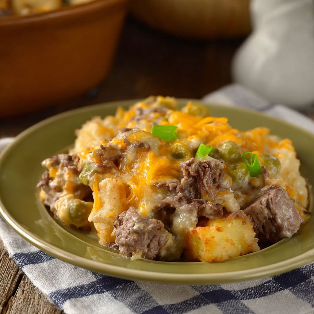 A plate of slow cooker cowboy casserole.