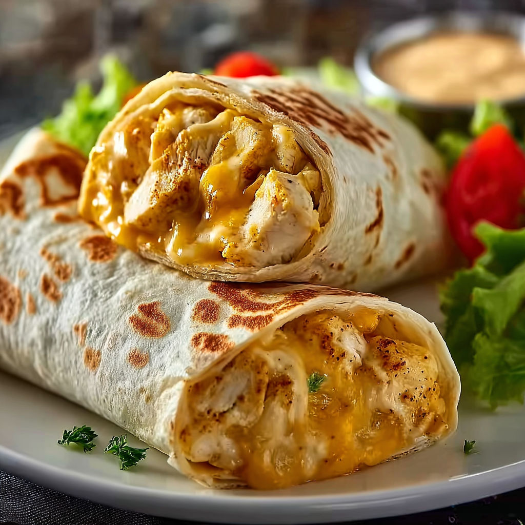 Two chicken burritos with cheese and tomatoes.