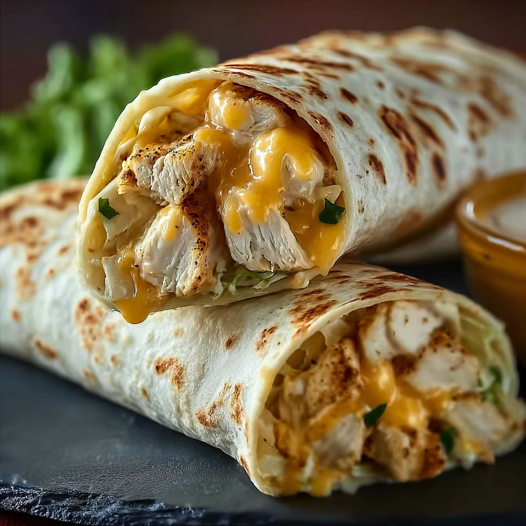 A chicken burrito with cheese and lettuce.