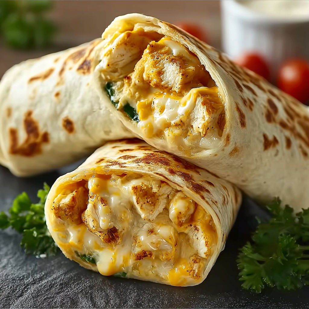 A burrito with chicken and cheese.