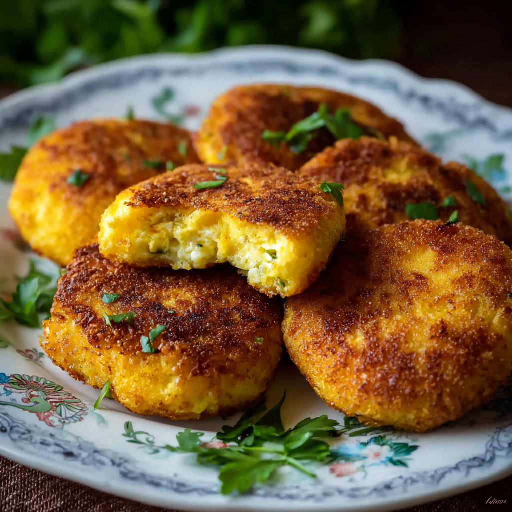 A plate of fried food with a green garnish.