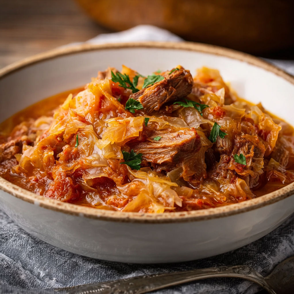 A bowl of Bigos, a classic Polish hunter's stew.