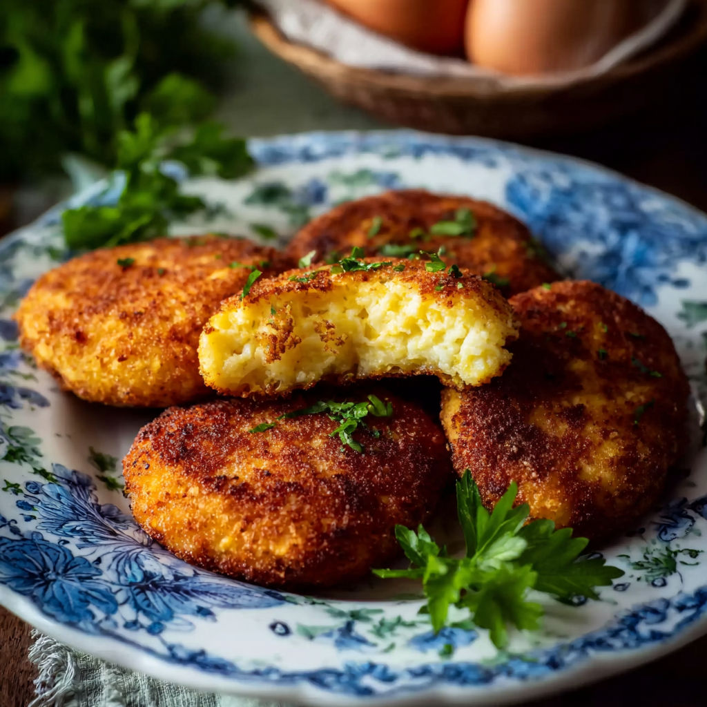 A plate of food with a blue and white plate.