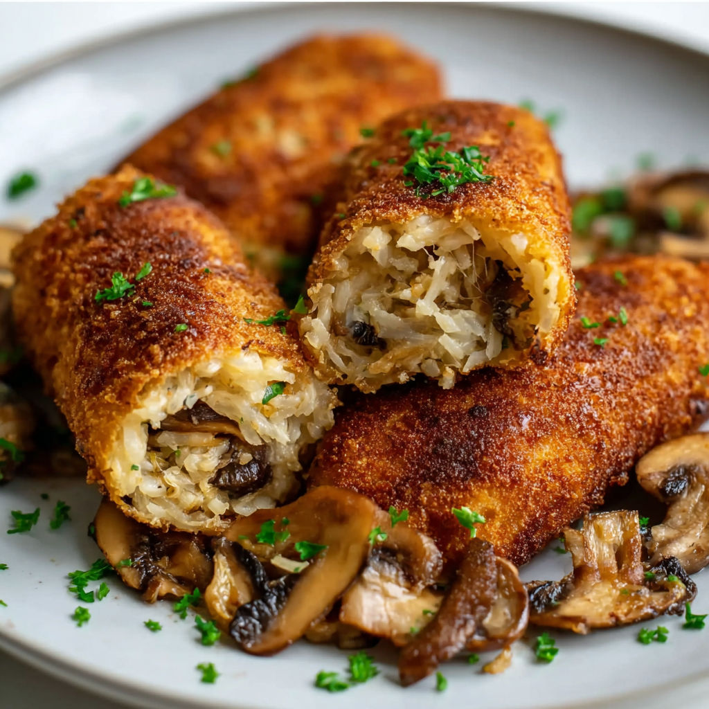 A plate of food with a sausage roll and mushrooms.
