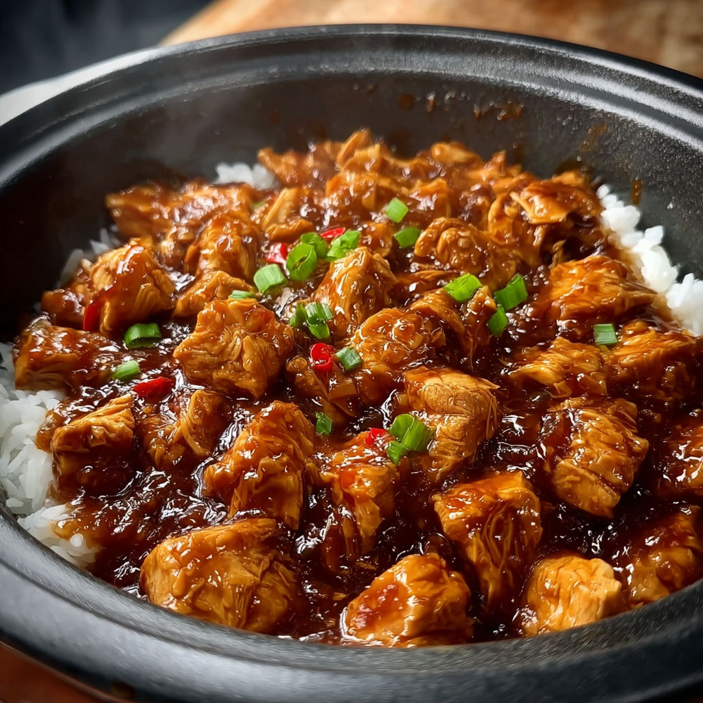 A bowl of chicken with rice and peppers.