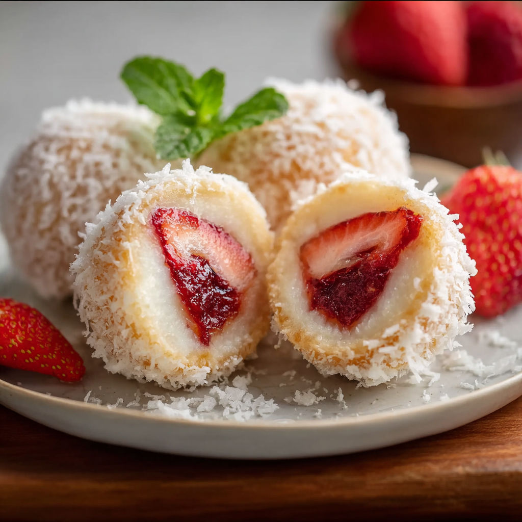 Two pieces of a traditional Polish strawberry knedle.