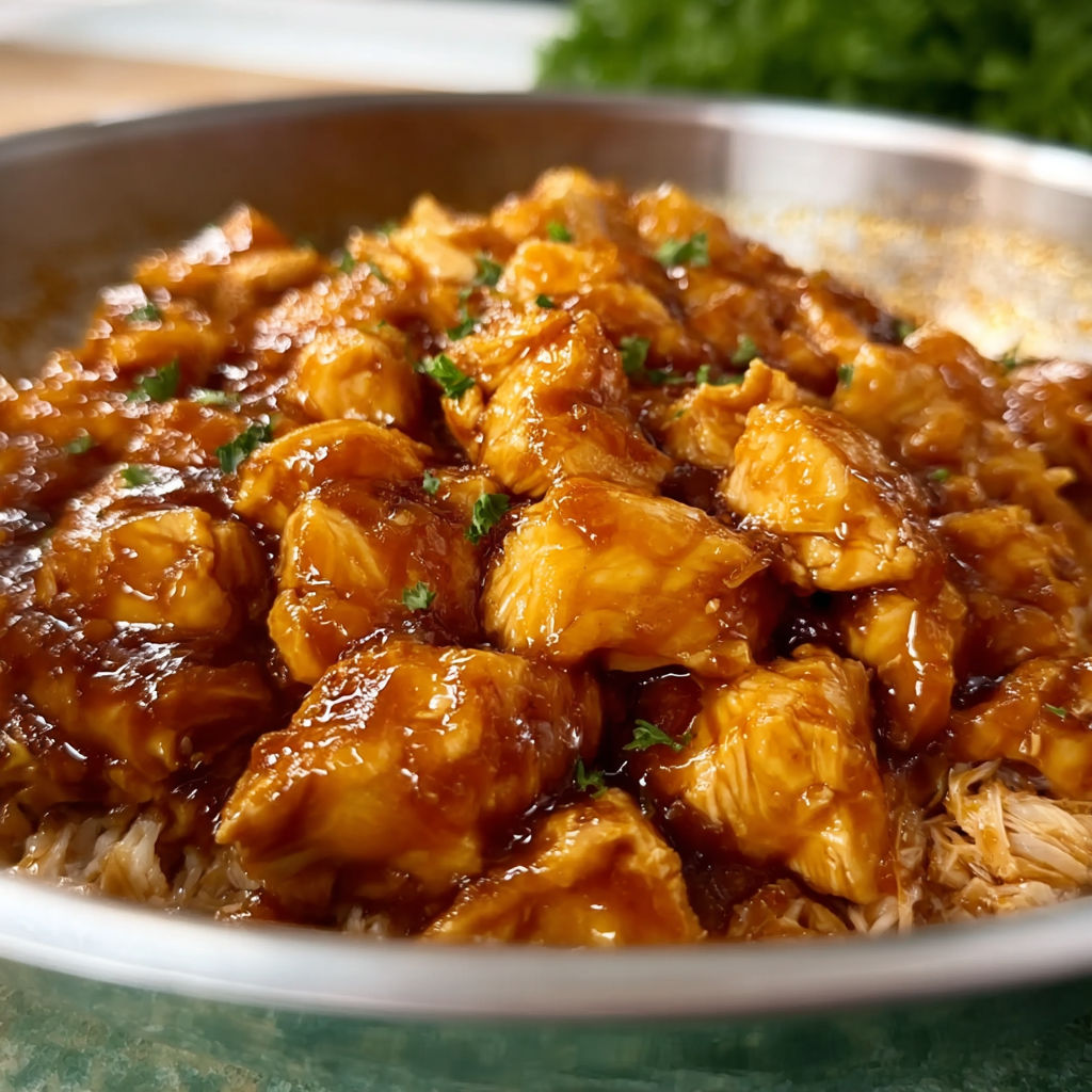 A bowl of sweet Hawaiian crockpot chicken.