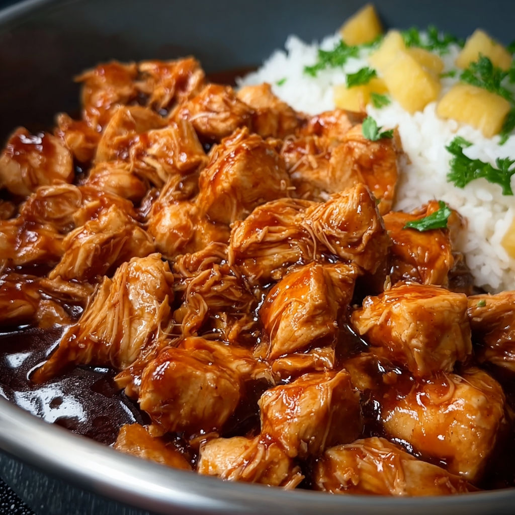A bowl of chicken with rice and pineapple.