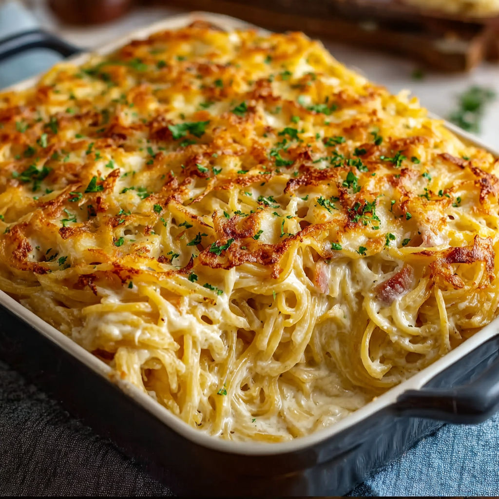 A creamy Southern spaghetti bake in a pan.