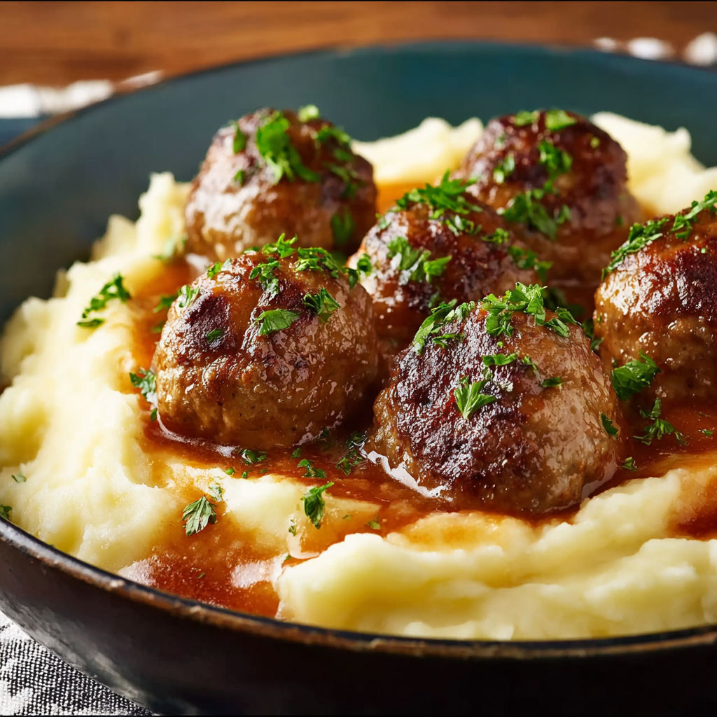 A plate of meatballs and mashed potatoes.