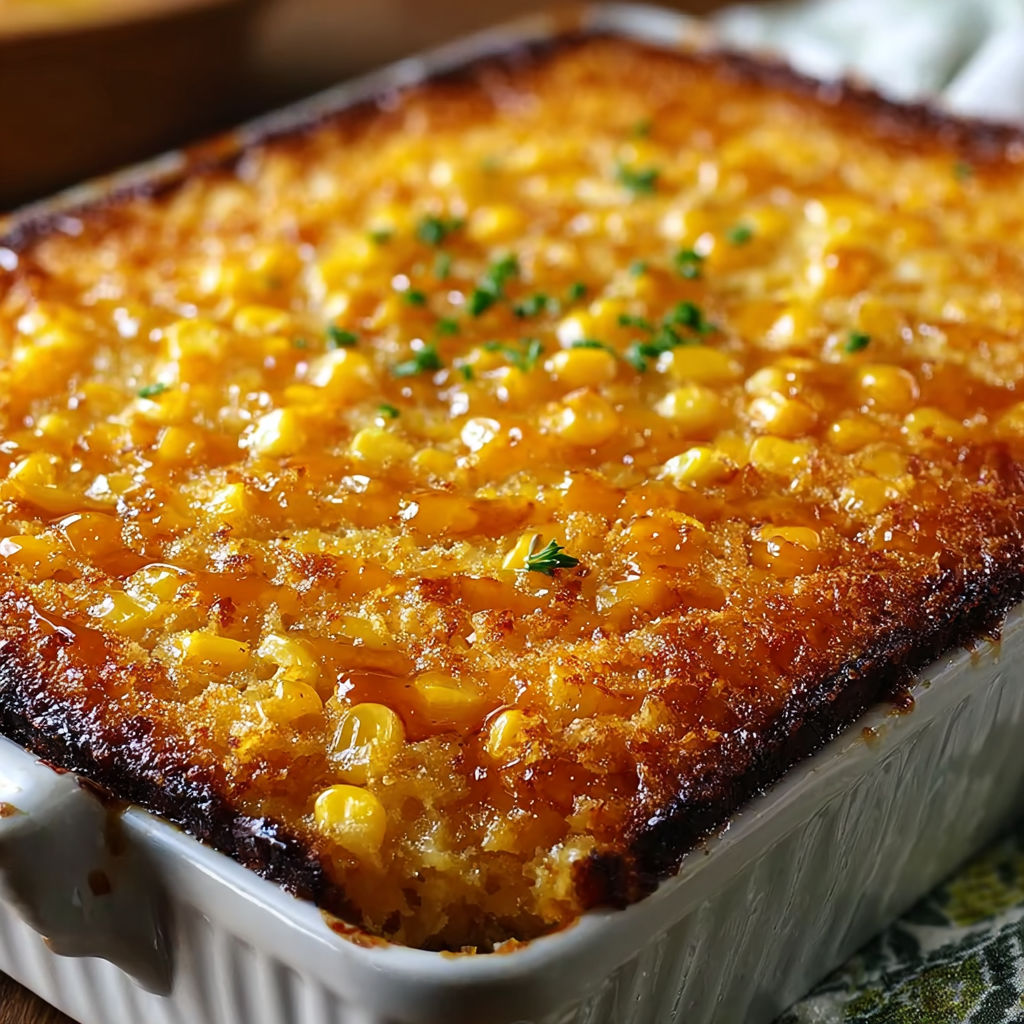 A dish of honey-glazed corn casserole.