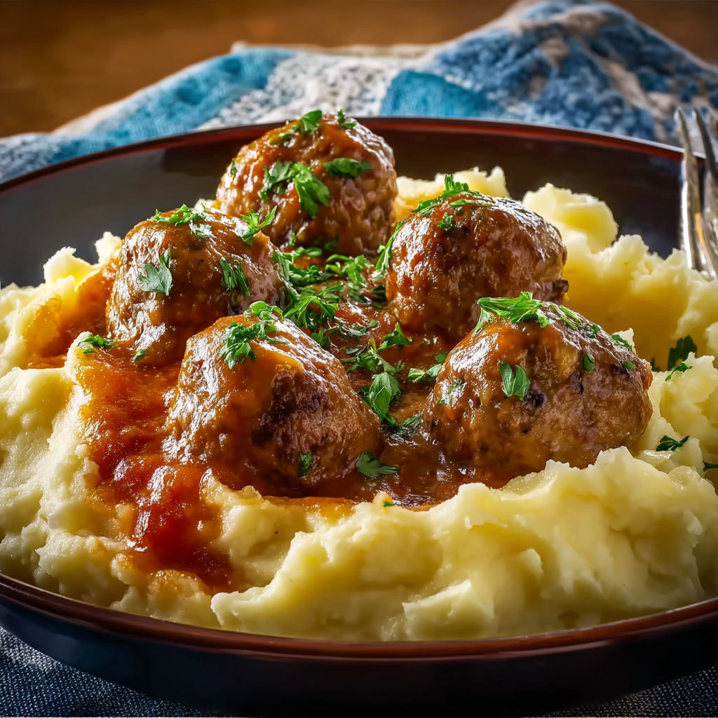 A plate of food with meatballs and potatoes.