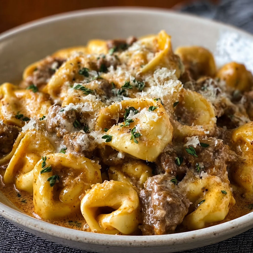 A bowl of pasta with meat and cheese.